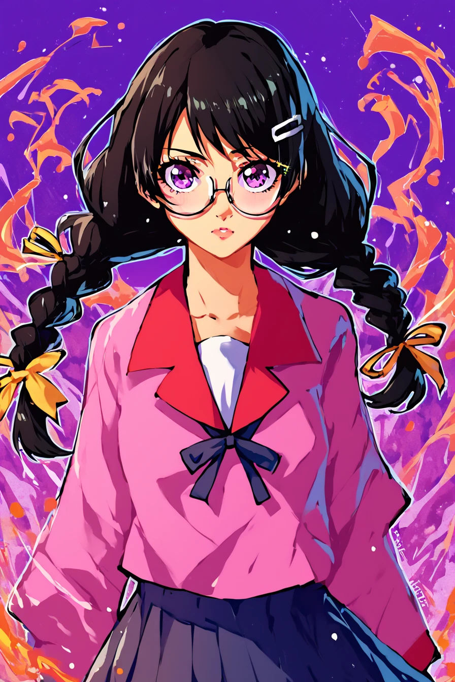 score_9, score_8_up, score_7_up, score_6_up, score_5_up, score_4_up,  <lora:tsubasa-hanekawa-ponyxl-lora-nochekaiser:0.8> , hanekawa tsubasa, long hair, black hair, hair ornament, purple eyes, braid, hairclip, twin braids, glasses,skirt, school uniform, naoetsu high school uniform, <lora:ThatOnePanda_style:1>, 1girl, face focus,  thatonepanda_style, solo, alone, masterpiece, highres, aura