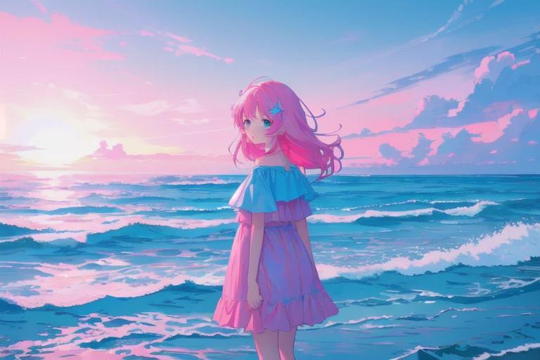 1girl, ocean, beach, blue-pink pastel, sky <lora:Blue-pink Pastel:0.1>