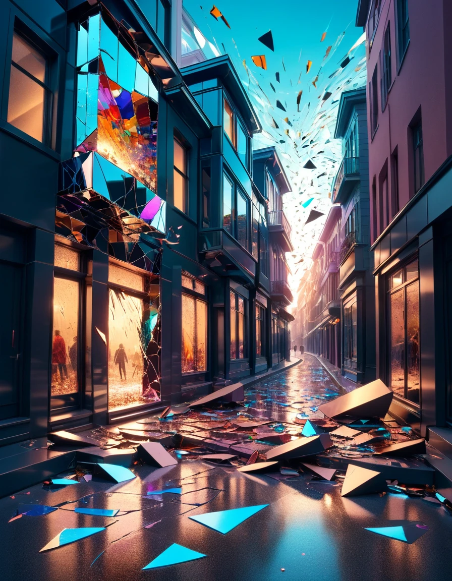 Drawing, stylized, Shattered ral-shnysrfz, Oppressive street, F/1.8, flat, <lora:ral-shnysrfz:1>, professional fine composition, flowing, magical composition, great light, enchanted, stunning, rich vivid colors, contemporary fine detail