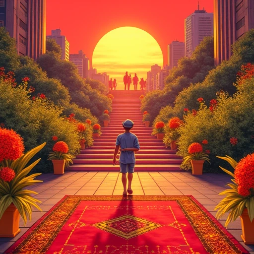 1boy, reflection, city, red theme, carpet, star (sky), batikprint, yellow flower, orange theme, hat, khitstyle, scenery, building, thai silk, multiple boys, jokdesign, stairs, pokemon (creature), traditional media