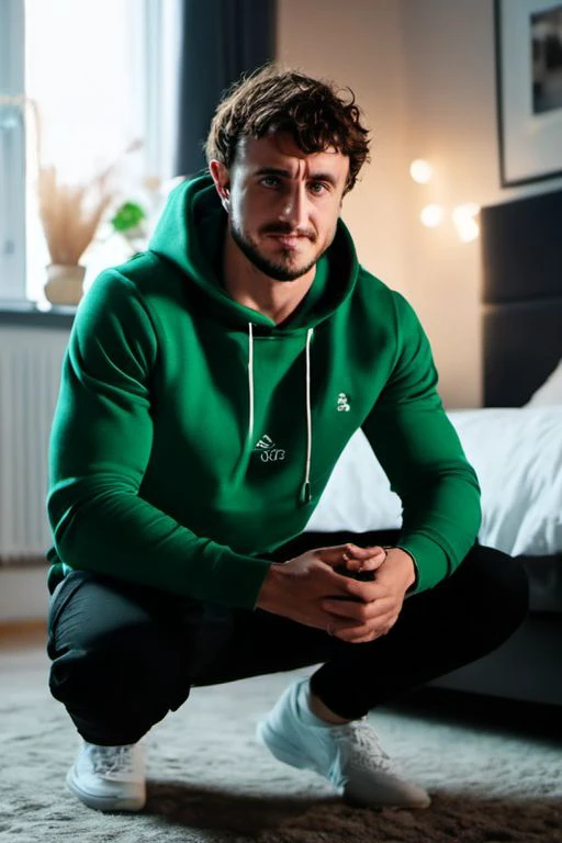 breathtaking cinematic photo masterpiece,highest quality,perfect quality, Paul Mescal a man <lora:Paul-Mescal:0.9>, wearing a green hoddie,squatting on ground,(wearing a wireless white headphones:1.5),holding gampad,in the bedroom,looking at the camera,cozy scene,35mm photograph,film,bokeh,professional,4k,highly detailed . award-winning,professional,highly detailed,. 35mm photograph,film,bokeh,professional,4k,highly detailed . award-winning,professional,highly detailed,