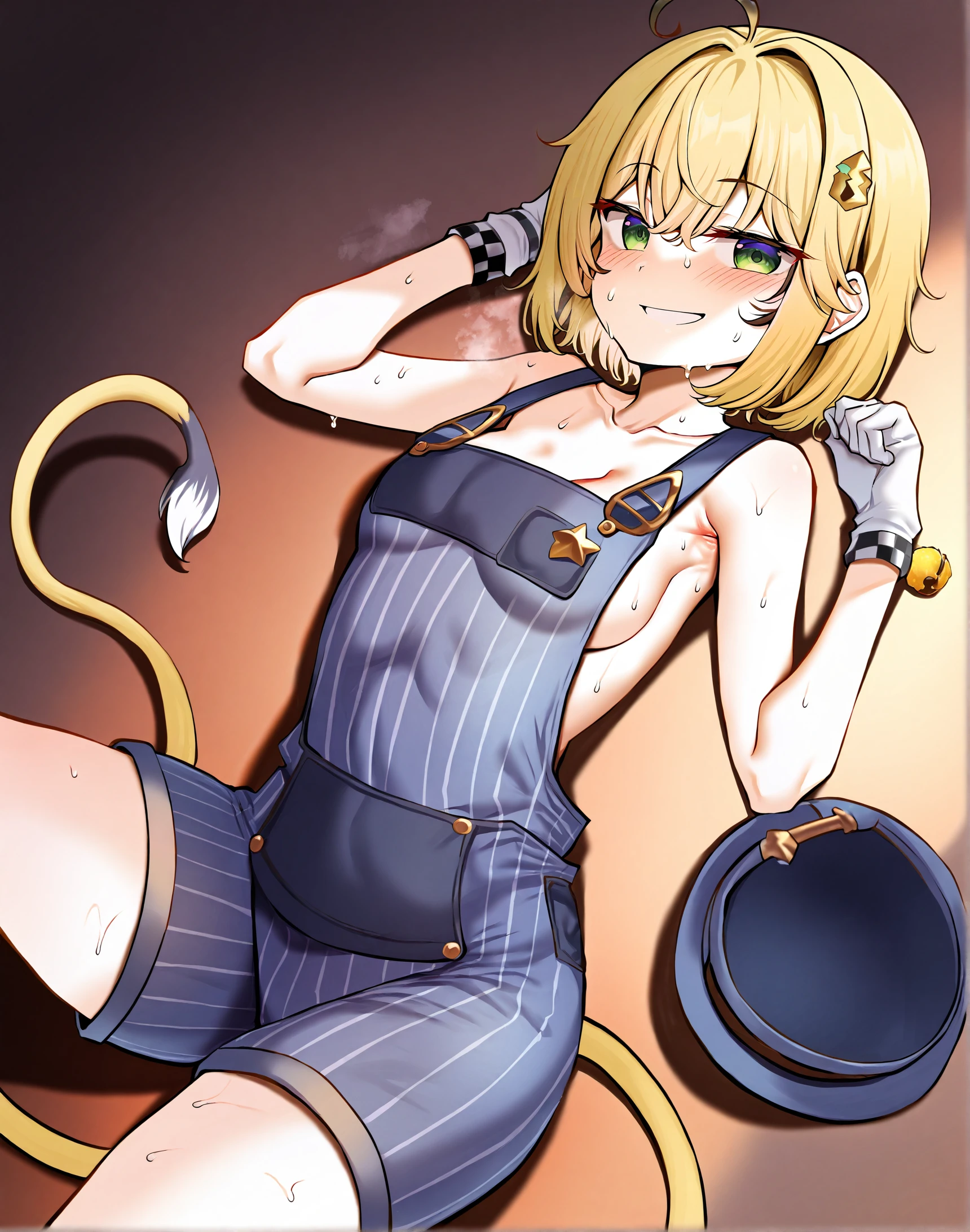 masterpiece, best quality, amazing quality, very aesthetic, absurdres, highres, newest, 8k, detailed,  <lora:doobyillustriousXL:1>, 1girl, dooby, short hair, tail, green eyes, hair ornament, white gloves, artist:sunhyun, overalls, smile, looking at viewer, naked overalls,  sweat, from above, medium breasts, vertical stripes,