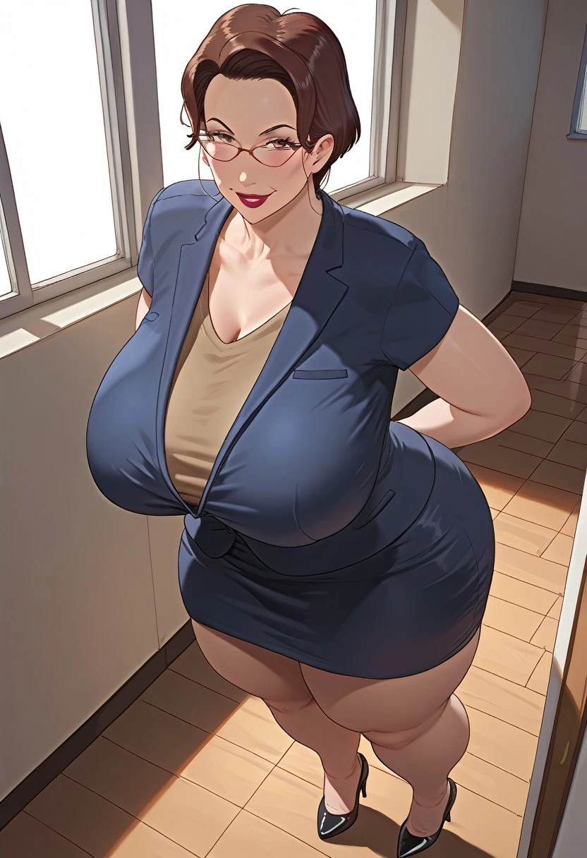 1girl, close-up, from above, looking at viewer, school hallway, window, sunlight, principal-nympho, reddish brown hair, gigantic breasts, curvy, mature female, lipstick, tall female, short hair, thick thighs, huge ass, smile, glasses, skirt, suit, formal, short sleeves, high heels, Score_9, Score_8_up, Score_7_up