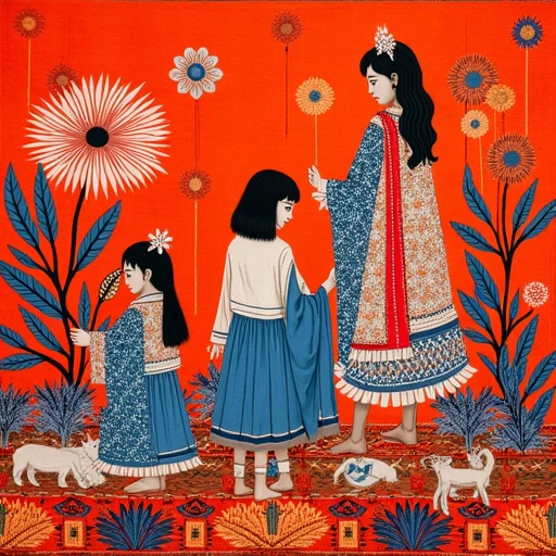 khitstyle, silkfabric, ikatpattern, painting (medium), artisancraft, orange theme, thai cotton, carpet, multiple girls, rug, abstract, naturaldye, monochrome, cat, red background, thaiculture, flower, cottonweave, blue theme