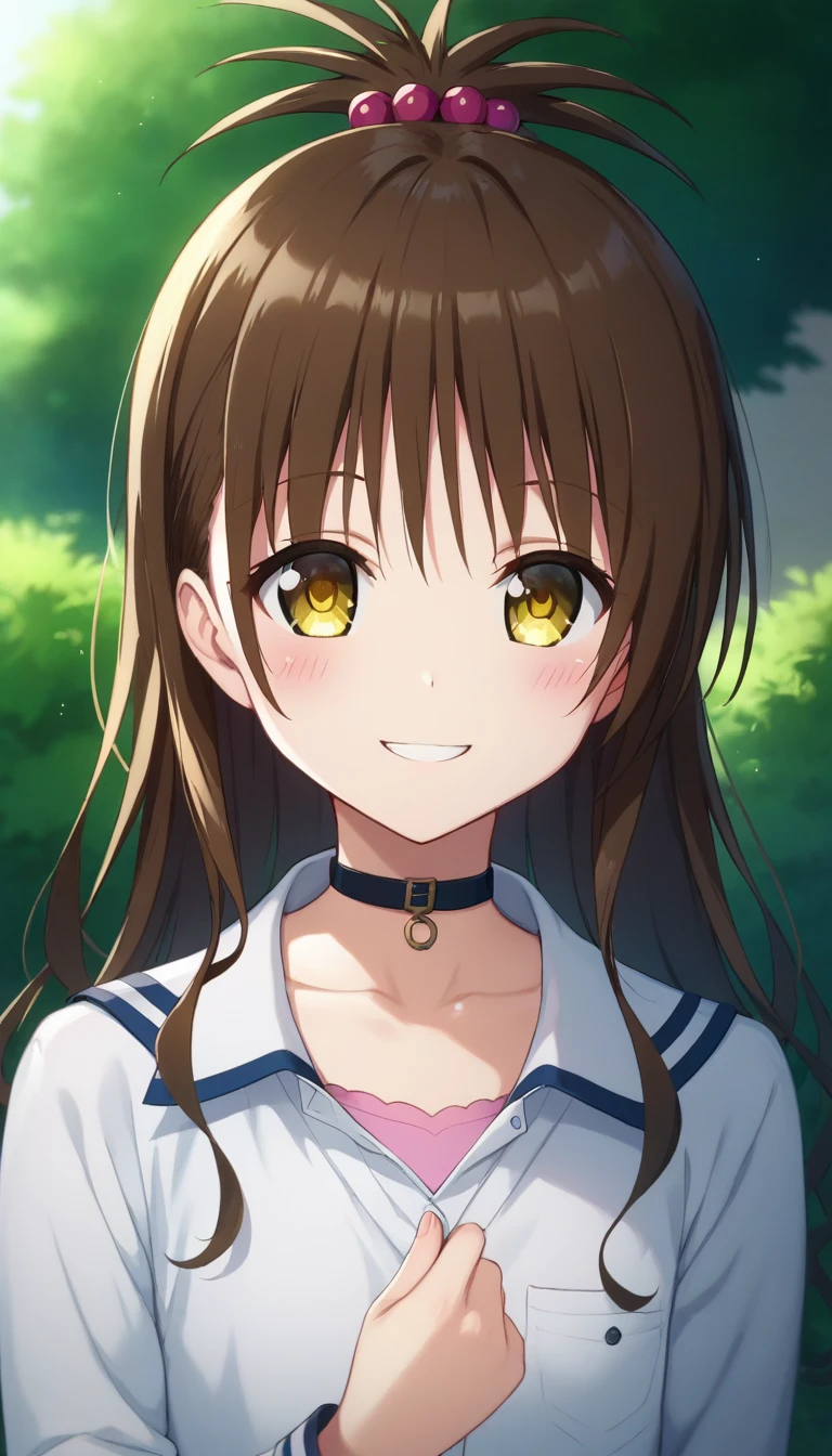 score_9,score_8_up,score_7_up,score_6_up BREAK official art,solo,outdoors,upper body,(portrait:1.5),looking at viewer,facing viewer,smile,blush,Yuki Mikan,long hair,brown hair,hair ornament,hair bobbles,sidelocks,bangs,yellow eyes,collarbone,choker,white shirt,collared shirt,long sleeves,flat chest,denim shorts,short shorts,white socks,loafers,<lora:Yuki Mikan(tlr)-Pony:1.6>,