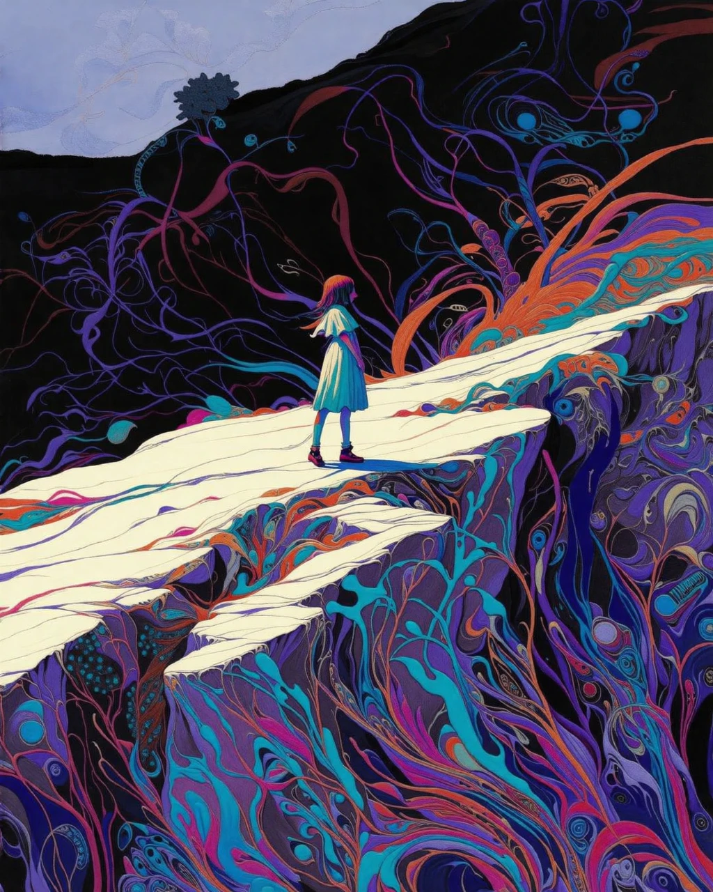 db4rz style, girl standing on white cliff, colorful swirling patterns in the background, dark surrounding edges
