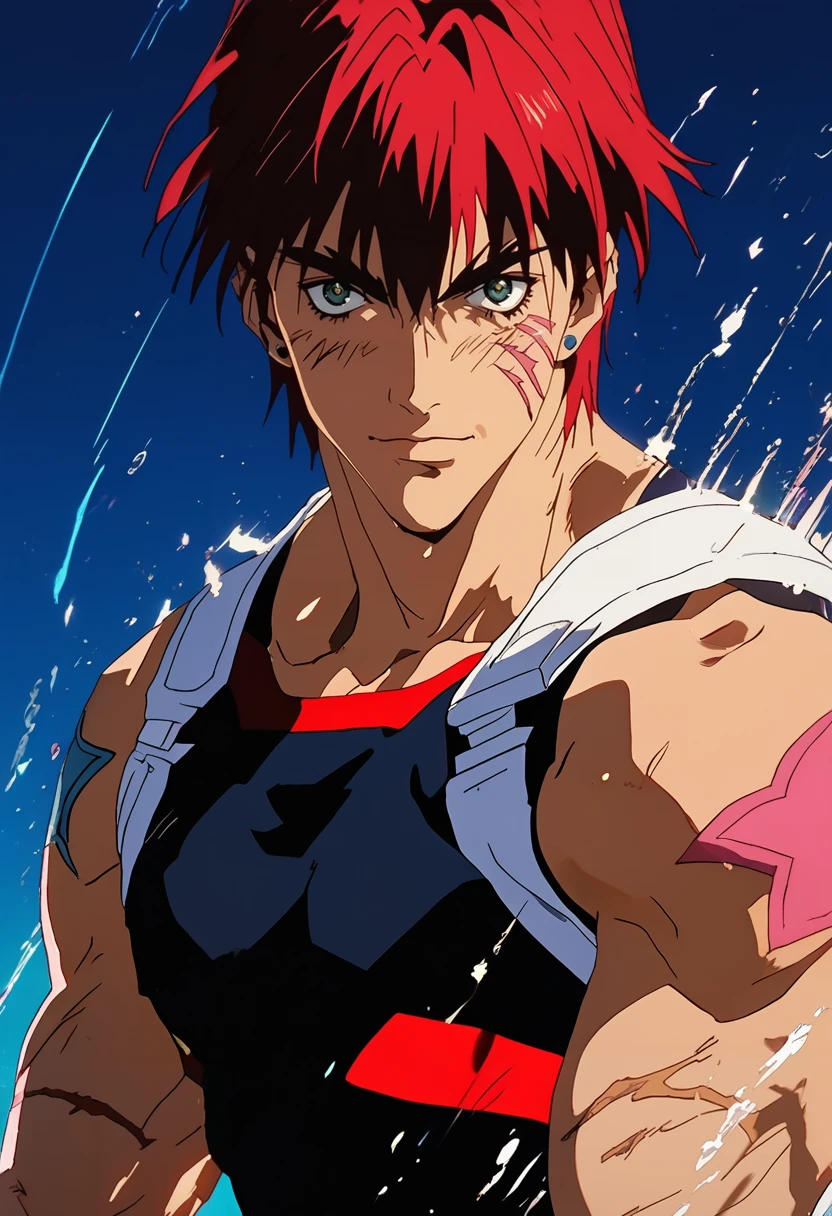 source_anime, (masterpiece), (best quality), score_9, score_8_up, score_7_up, (masterpiece:1.2), (best quality:1.3), 1boy <lora:Gene_Starwind_Outlaw_Star-000005:0.8> gstar_ostr, red hair, scar, simple background, looking at viewer, portrait, muscular, tattoo, masterful composition, dynamic movement, low-key lighting, lo-fi, glow, dynamic cinematic lighting, ray_tracing, global illumination <lora:Anime Style (Vauxz) PONY:0.8>