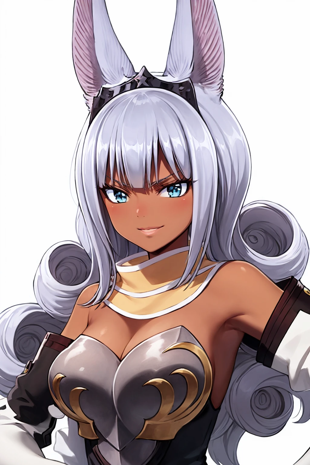 masterpiece, best quality,
1girl, ftdgswa, grey hair,  long hair, curly hair, blue eyes, dark skin,
bat ears,
armor, bare shoulders, cleavage, elbow gloves,
smirk, upper body, solo, looking at viewer, simple background, white background      <lora:Swan_byKonan:1>