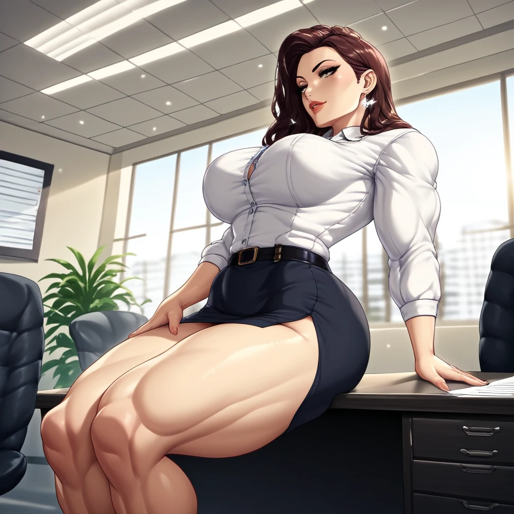 mmwexp45, side angle view beautiful secretary sits on office table. she leaning back. half profile of her thighs are widely spreaded. office furniture and interior lighted by wam light from window. masterpiece