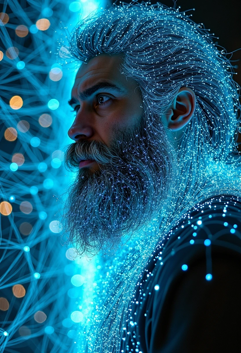 man with loang beard, completely covered in luminescent fiber-optic hairs in an environment that seems to be made of electrical circuits