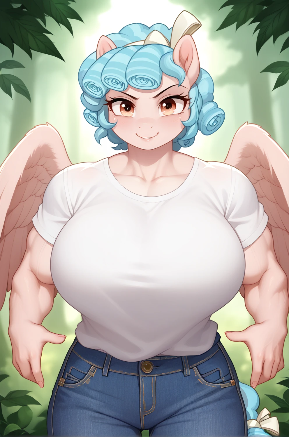 Fairy girl, white long hair, gigantic muscular body, gigantic penis with big balls, 4 arms, full body.