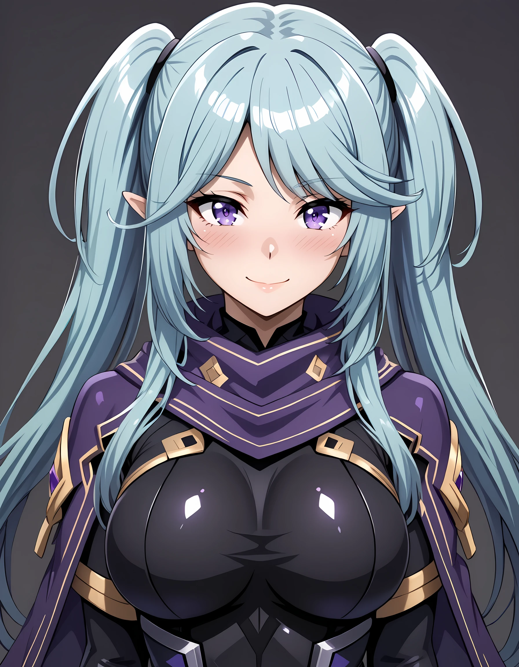 <lora:Epsilon:1>Epsilon_Eminence, 1girl, large breasts, twintails, smile, purple scarf, looking at viewer, black bodysuit, blush, sidelocks, closed mouth, bodysuit, simple background