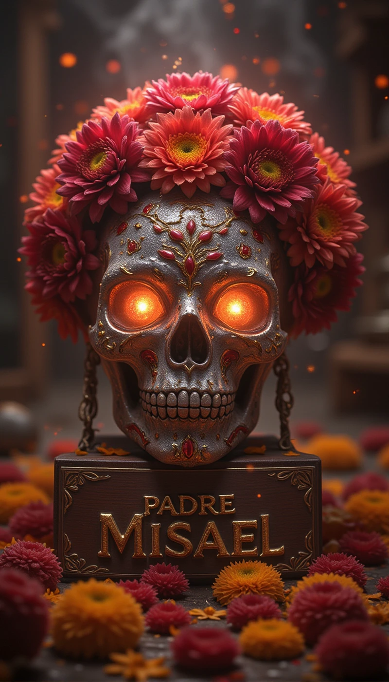 cg,Sparkly silver crystal sugar skull that looks **** it's **** of gold with a brown wooden finished plaque at the bottom with the name "Padre Misael" with letters that look **** red fire, tender light in the eyes, photography style, abundant red marigold flowers on the head and warm lights around the forehead. In the background, a Dead Valentine's offering with many marigold petals and lighting in warm colors, soft light.