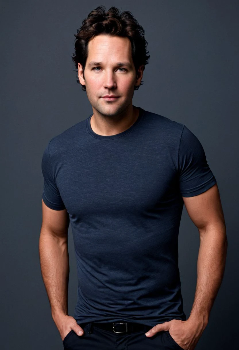 Paul Rudd a man <lora:Paul-Rudd-000001:1>, big thighs, handsome, pretty chiseled face, sharp jawline, wavy black messy hair, bold sharp eyes, leaning against textured grey wall, bulge under shorts, big thighs, hairy chest, side profile with head slightly tilted forward and intense expression, slightly low camera angle, close-up on the upper body and face, dramatic lighting highlighting muscle definition and shadows for contrast, cool tones with a grey and blue background, natural skin tones, the theme of fitness, strength, and intensity, minimalistic background, serious and determined mood.