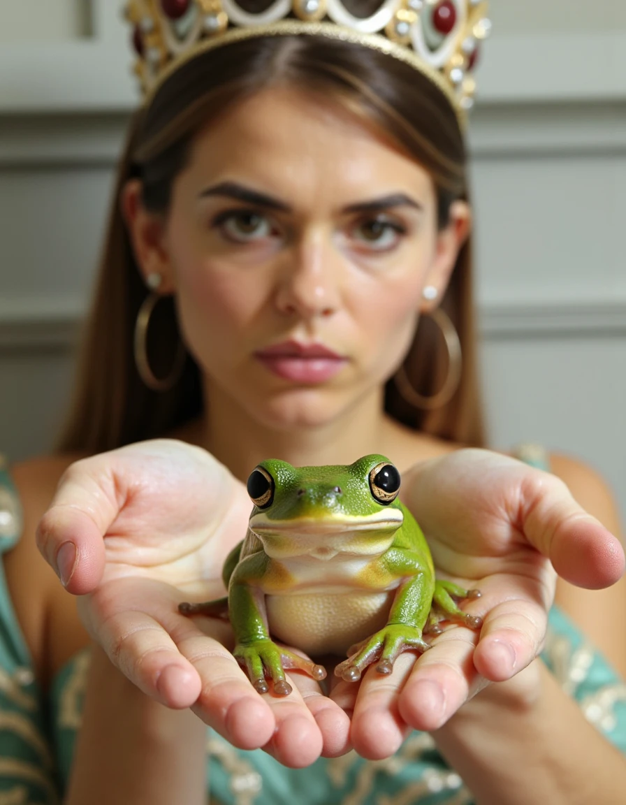 In a meticulously composed photograph, a vibrant KGR_HYLA_CINEREA_FLUX, the green treefrog, is prominently featured in outstretched open hands with perfectly manicured nails, its glistening emerald skin shimmering under the soft glow of natural light, and size slightly smaller than a human hand. The frog's round, curious eyes capture the viewerâs attention, reflecting a mixture of determination and tranquility amidst its surface. It is gently held out toward the viewer, as if inviting them into its enchanting world. In the blurred background, a very disappointed and disgusted princess of twenty years old captures the scene's emotional depthâher delicate features softened by the haze, yet her furrowed brow and downturned lips convey a palpable sense of discontentment and great frustration. The princess's opulent gown, adorned with rich fabrics and intricate embroidery, contrasts sharply with the simplicity of the frog, the colors of her attire merging into the dreamy backdrop. She wears a jeweled crown of diamonds and other precious jewels on her head. The subtle play of light and shadow adds dimension to both subjects, creating a captivating interaction between the whimsical amphibian and the regal figure.
<lora:kgr-hyla-cinerea-flux-v01:1>
<lora:Human_Anatomy:1>
<lora:FLUX.1-Turbo-Alpha:1>