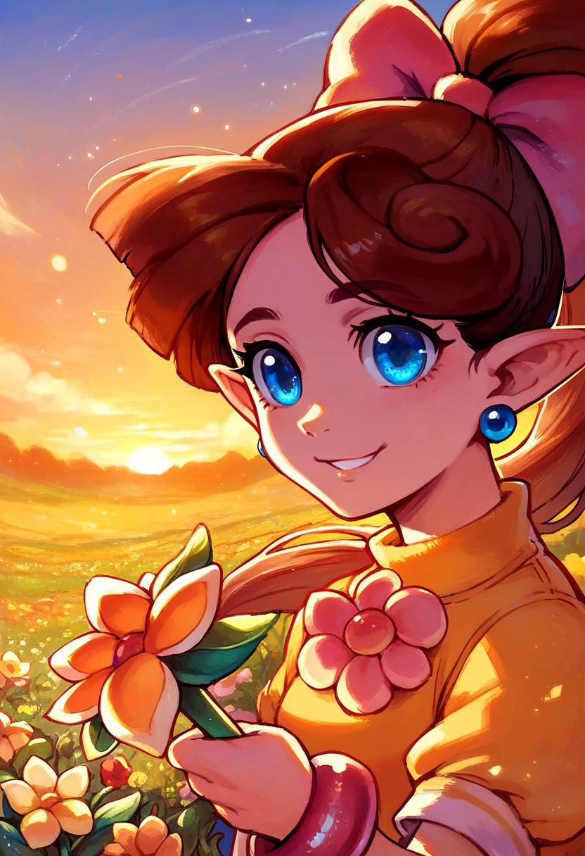 score_9, score_8_up, score_7_up, detailed, lip_panelpon, brown hair, blue eyes, ponytail, pointy ears, yellow shirt, pink skirt, pink bow, smile, bracelet, earrings, shoes, holding wand, flower field, cinematic, sunset, bokeh, close-up