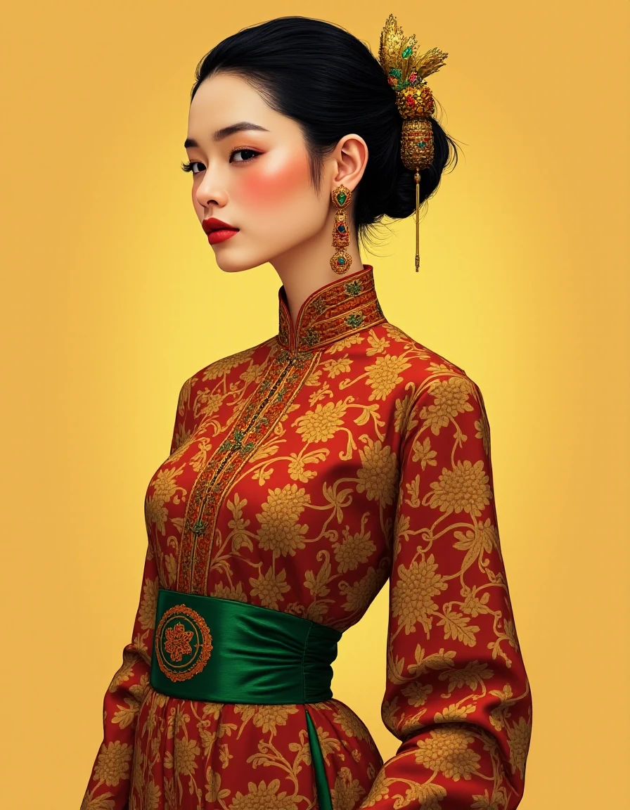 <lora:pghaa:1> A captivating digital illustration of a person wearing a traditional Thai outfit inspired by Lora fabric. The design blends authentic Thai textile patterns with a contemporary twist, using rich colors like gold, red, and deep green. Intricate details highlight the craftsmanship and cultural heritage, with delicate woven textures that reflect light subtly. The background is simple and warm-toned, allowing the vibrant clothing to stand out, showcasing the elegance and luxurious feel of Thai textile artistry.