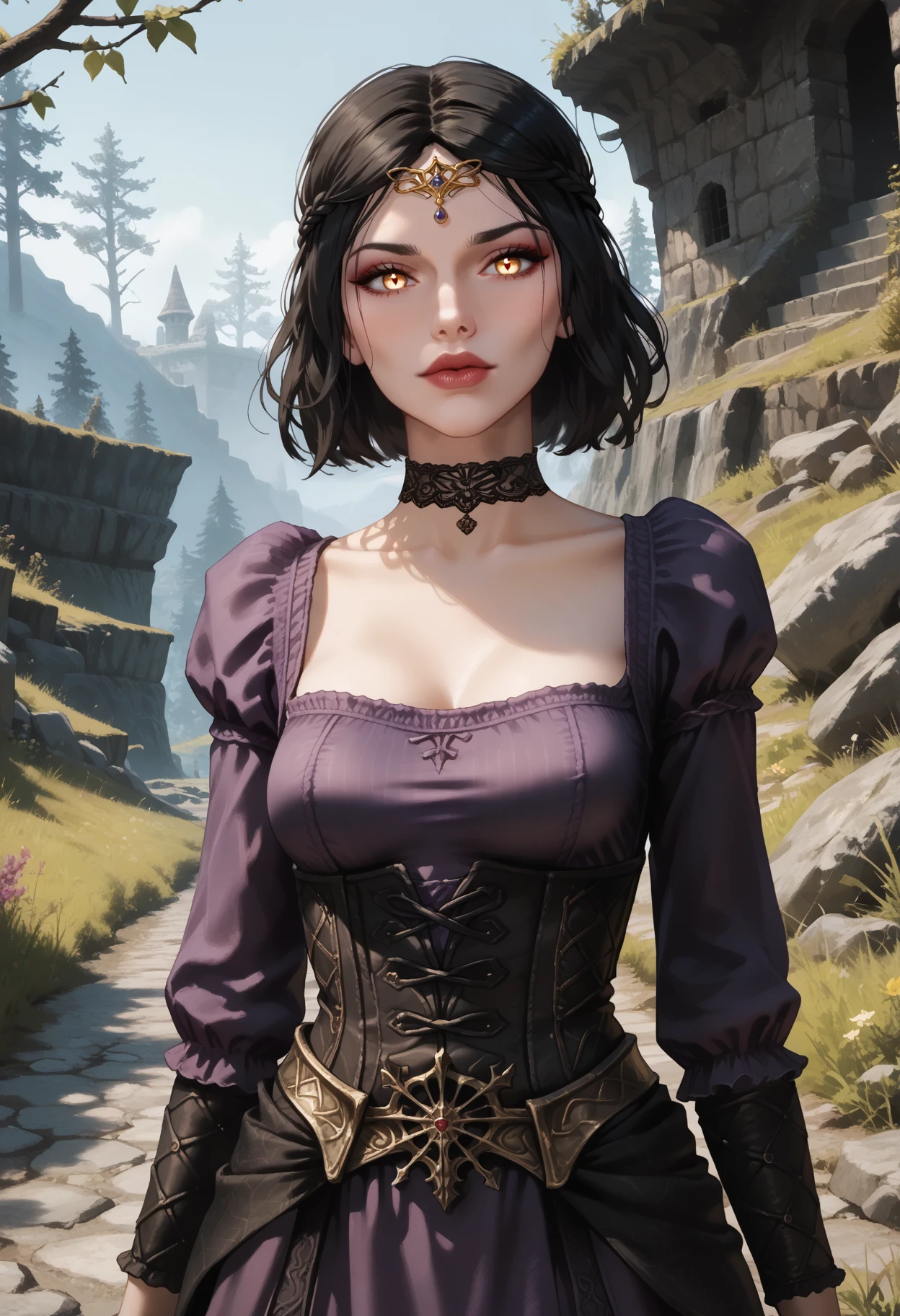 score_9, score_8_up, score_7_up, score_6_up, <lora:NM_Pan_Serana:0.9>, NM_Pan_Serana, BREAK 1girl, solo,  Serana, skyrim, black hair, yellow eyes, slit pupils,glowing pupils, glowing eyes, pale skin, medium breasts,big lips,makeup,  choker, circlet, royal purple dress,  corset, outdoors,