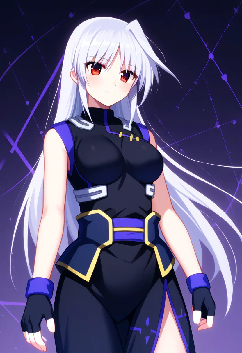 score_9, score_8_up, score_7_up, source_anime, 1girl, solo, Reinforce, long hair, white hair, single hair intake, red eye, long dress, black dress with purple trim, side slit, black gloves with purple trim, fingerless gloves, black corset with gold trim, sleeveless dress, bare shoulders, standing, smiling