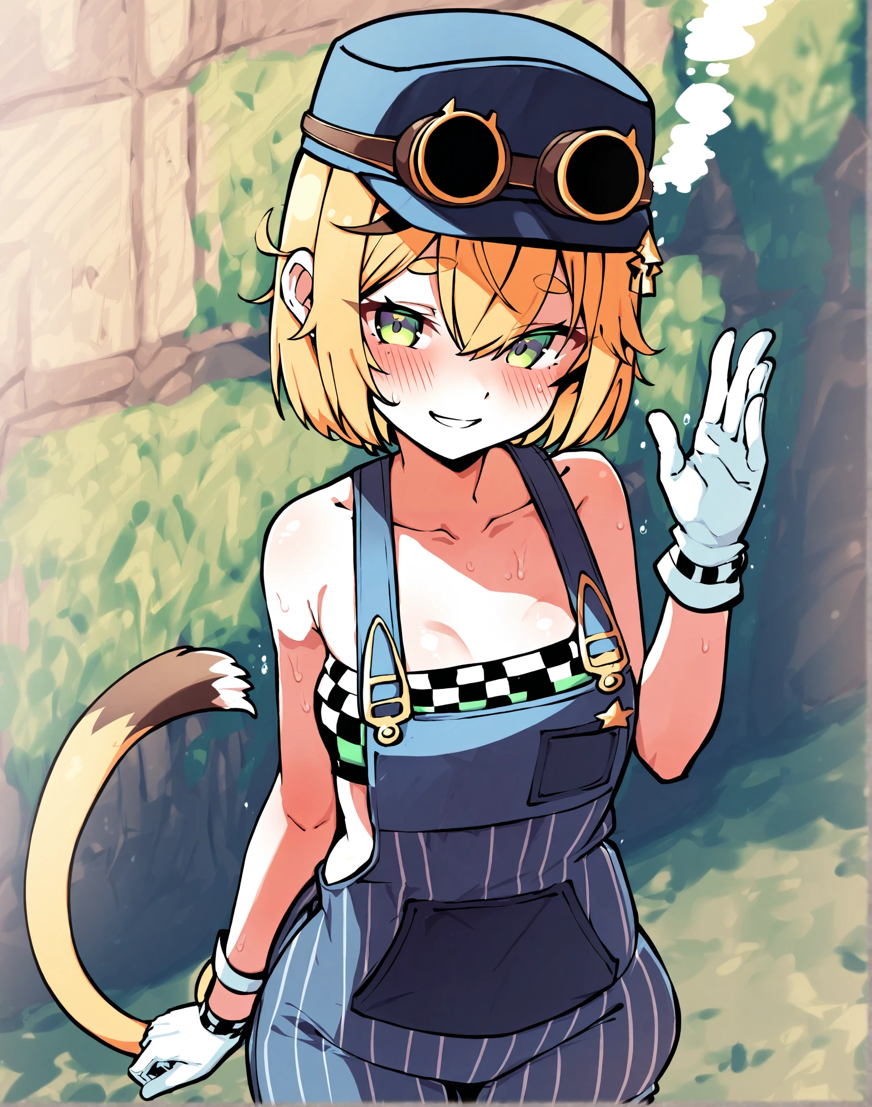 masterpiece, best quality, amazing quality, very aesthetic, absurdres, highres, newest, 8k, detailed,  <lora:doobyillustriousXL:1>, 1girl, dooby, short hair, tail, green eyes, hair ornament, gloves, artist:ayagi daifuku, overalls, smile, looking at viewer, tube top,