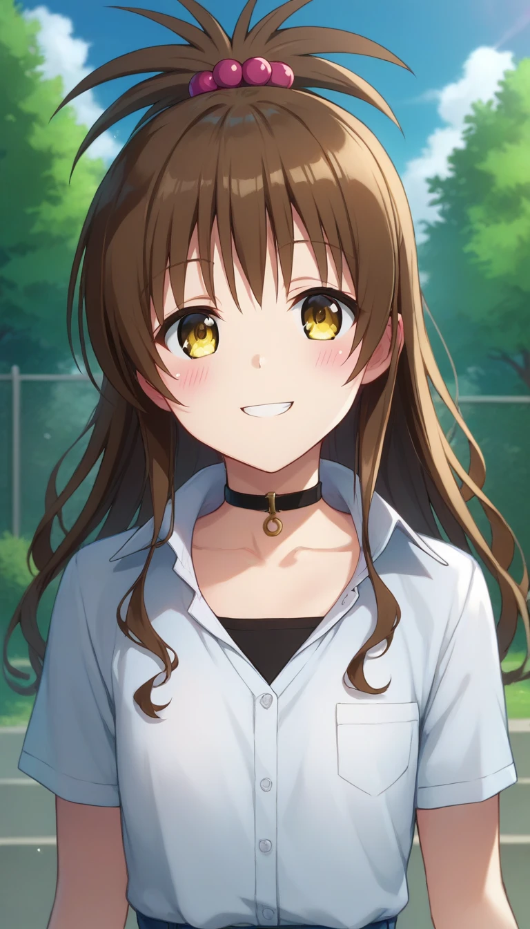 score_9,score_8_up,score_7_up,score_6_up BREAK official art,solo,outdoors,upper body,(portrait:1.5),looking at viewer,facing viewer,smile,blush,Yuki Mikan,long hair,brown hair,hair ornament,hair bobbles,sidelocks,bangs,yellow eyes,collarbone,choker,white shirt,collared shirt,long sleeves,flat chest,denim shorts,short shorts,white socks,loafers,<lora:Yuki Mikan(tlr)-Pony:1.6>,