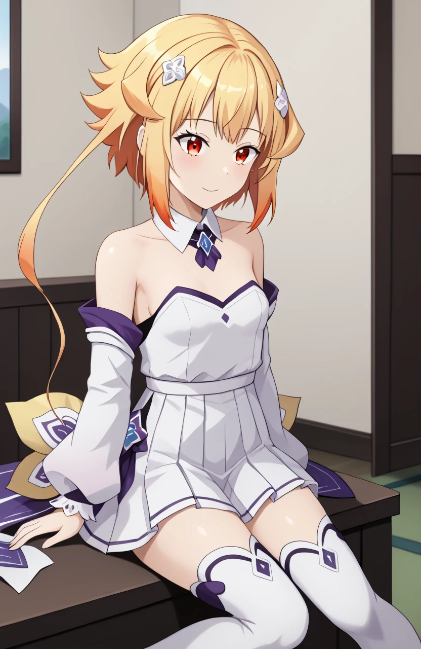 masterpiece, best quality, good quality, newest,, CEL, 1girl, red eyes, blonde hair, gradient hair, orange hair, short hair, sidelocks, white dress, Emilia, MainFit, detached sleeves, loose clothes, small breasts, hair ornament, detached collar, sitting, indoors, white skirt, pleated skirt, white thighboots, solo, <lora:Capella-ReZero-Pony-V1:1>,