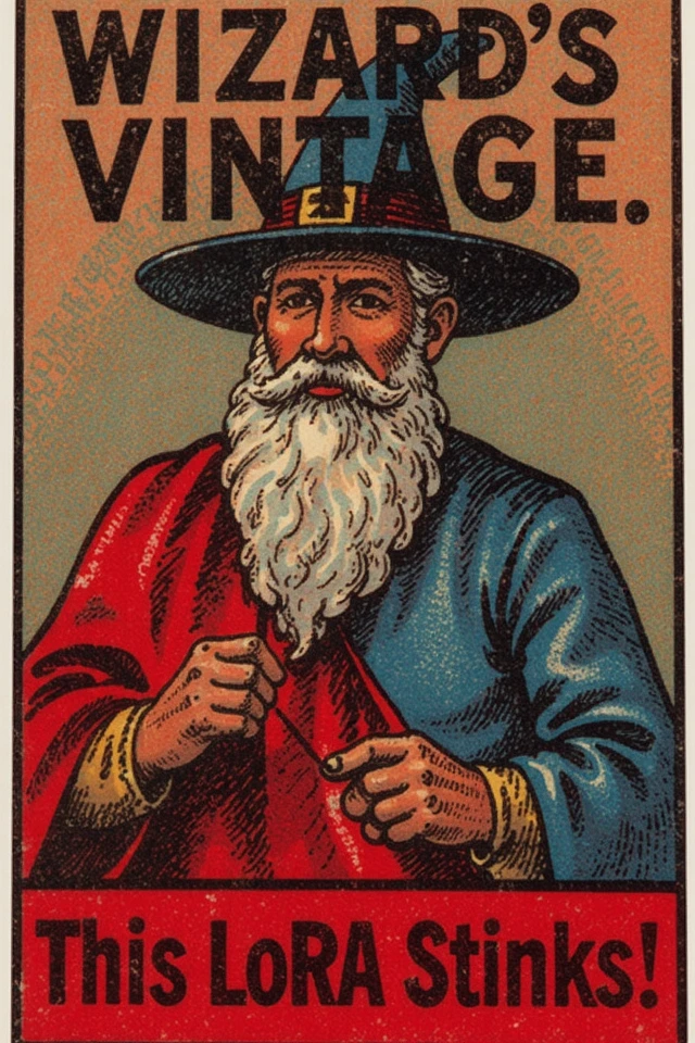 vintage matchbox artwork, depicting wizard whitebeard. Title reads "Wizard's VINTAGE". Black text on the red bottom say "This LoRA Stinks!".