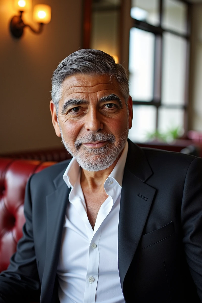 A 49 yo man (george clooney) sitting in a (retro style  cafe) with couches and coffee mashines , shaved beard , confident, ultra high detailed skin texture, delicate face contours , weare a suit , cloogeo, correct anatomie when it comes to fingers and body posture, modern short hairstyle,