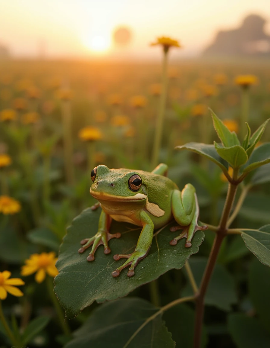 A sunrise photograph of KGR_HYLA_CINEREA_FLUX, a green treefrog, perched on a dew-covered leaf in an open meadow with wildflowers scattered around.
<lora:kgr-hyla-cinerea-flux-v01:1>
<lora:FLUX.1-Turbo-Alpha:1>