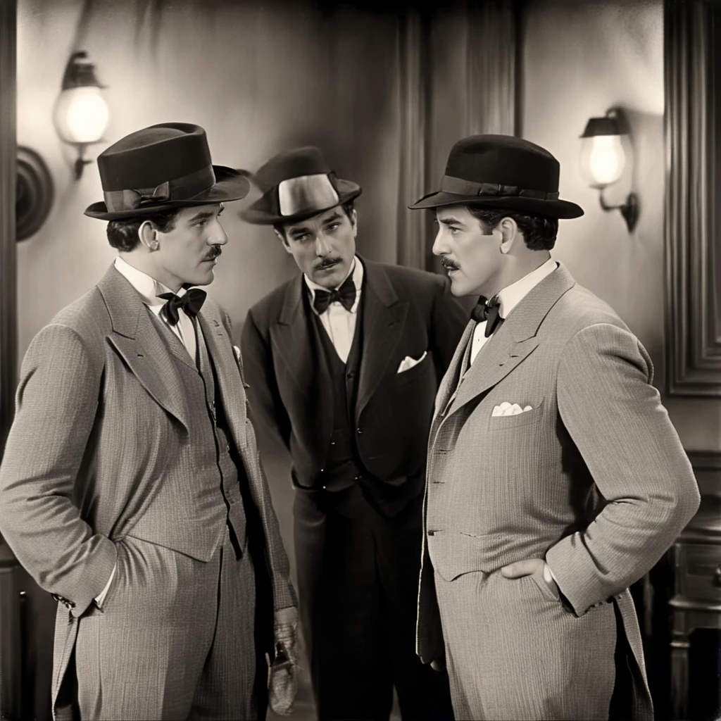 <lora:1900s_Drama_MovieSDXL:1> ArsMovieStill, movie still from a 1900s drama movie, The image shows two men in suits and hats standing next to each other looking at each other. In the background there are lights and a frame attached to the wall and the image is in black and white., multiple boys, 2boys, monochrome, male focus, hat, bowtie, greyscale, bow, hand in pocket, looking at another