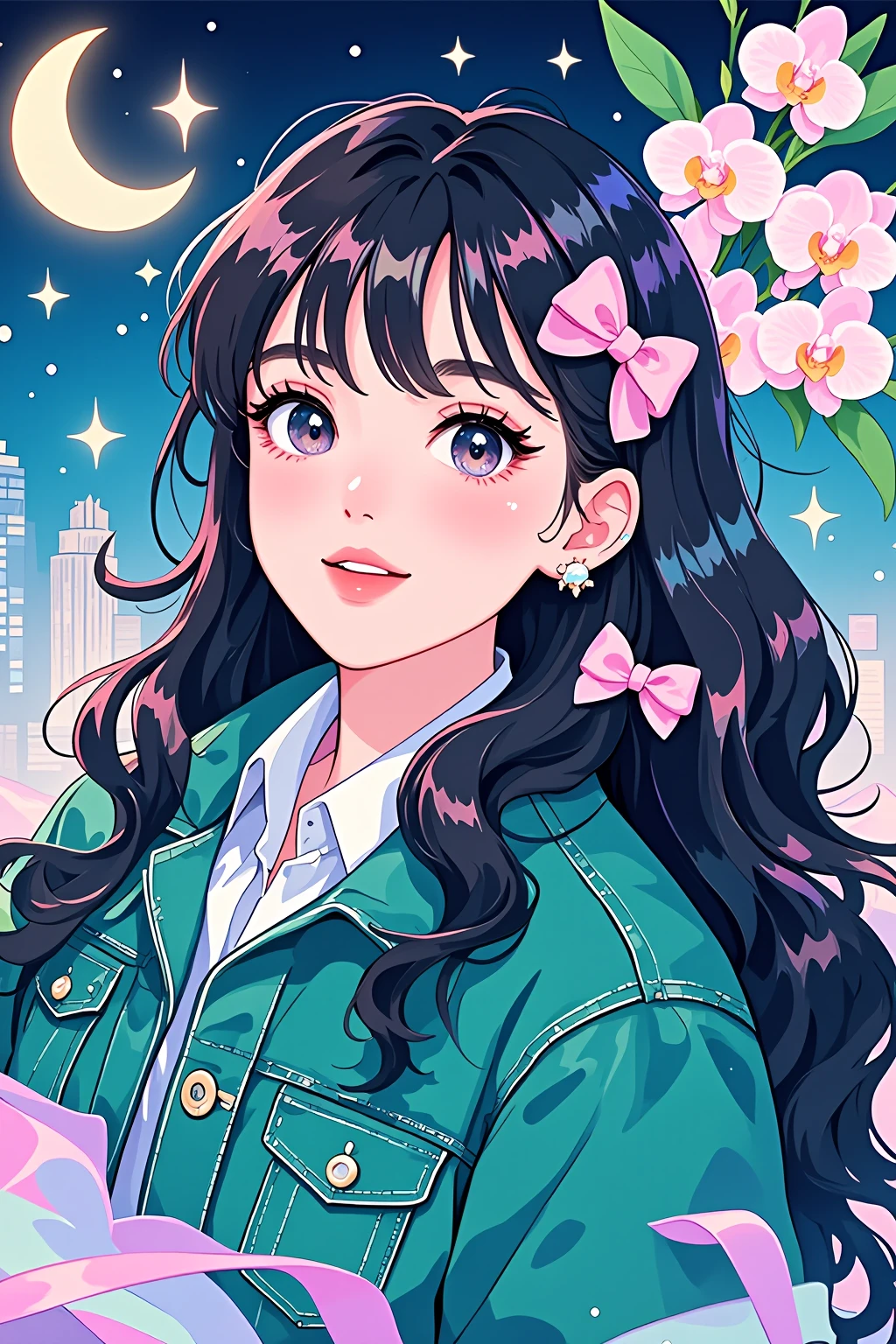 Cassiopeia,This image is a vibrant digital illustration in an anime-inspired style, featuring a young woman with a fair complexion and delicate features. She has long, wavy black hair adorned with two pink bows on the left side, one on her hair and the other on her ear. Her eyes are large and expressive, with a subtle hint of blue, and she has a soft, pink blush on her cheeks. Her lips are full and slightly parted, giving her a gentle, inviting expression.She is dressed in a green denim jacket with a collar and buttons, which adds a casual yet stylish touch to her appearance. The jacket has a glossy texture, suggesting it might be a high-quality fabric. She also wears small, delicate earrings with pink and white flowers, adding a whimsical element to her outfit.In the background, there is a dreamy, nighttime cityscape with a crescent moon and twinkling stars, suggesting a magical atmosphere. To the right, there is a cluster of pink orchids with green leaves, adding a touch of natural beauty to the scene. The overall color palette is soft and pastel, with shades of blue, green, pink, and white dominating the composition.Exquisite details