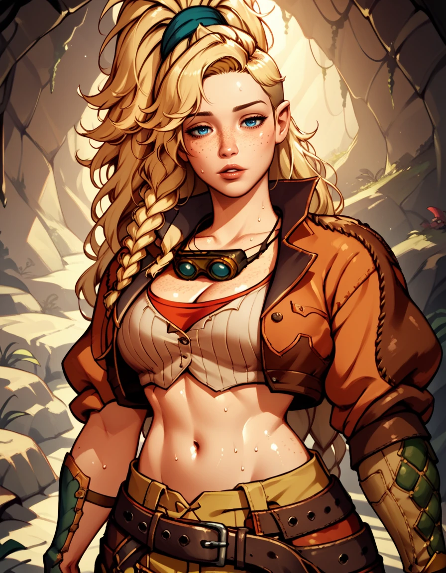 score_9, score_8_up, score_7_up,score_6_up, score_5_up, score_4_up , 1girl, solo,  
large breasts,
GemmaDG,
long hair, blonde hair, freckles, asymmetrical hair, blue eyes, 
cropped jacket, boots, belt, pants, crop top, open clothes, single glove,
upper body, half-closed eyes, parted lips, 
looking at viewer, 
dim-lighting, sweat, shiny skin, 
blacksmith forge, cave, fantasy,
 <lora:Gemma DG PXL v001-000003:0.90>