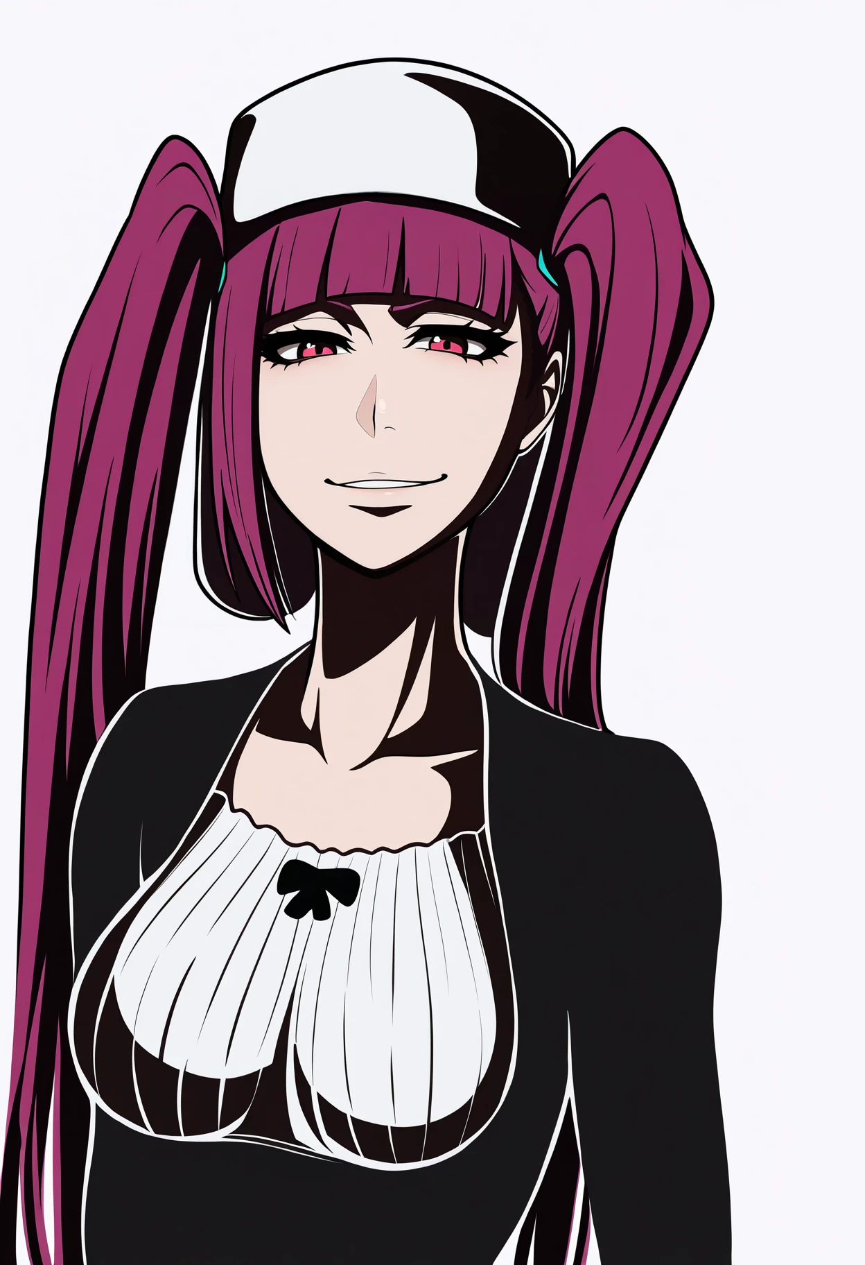 best quality, amazing quality, very aesthetic, absurdres,
1girl, rirukadokugamine, purple hair, twintails, long hair,
dress, hat,
arms behind back, upper body, smile, solo, looking at viewer, simple background, white background   <lora:RirukaDokugamineIllustriousXL_byKonan:1>