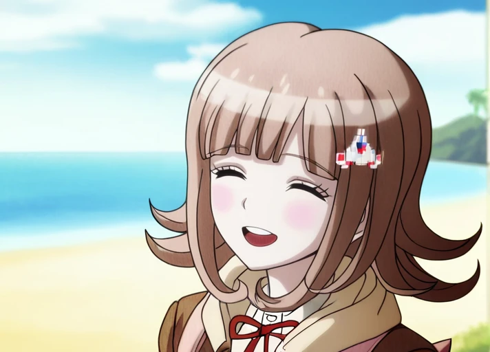 (((solo))), ))She has an embarrassed expression . masterpiece, best quality, <lora:Chiaki_Nanami_Illustrious:1>, In the art style of Rui Komatsuzaki, artist: Rui Komatsuzaki,  This anime screencap is from Danganronpa the Animation.  Chiaki Nanami's wearing her uniform from Danganronpa 3. Chiaki Nanami has short hair that slightly curls outwards, though the locks on either side of her face curl inwards. Chiaki Nanami's hair is a dusty light pink that is almost light brown. Chiaki has short straight bangs split towards the right, a white Galaga hairclip pinned to a lock of her hair. Chiaki Nanami has blossom pink eyes. Chiaki's uniform consists of a white button-up dress shirt with a red ribbon tied in a bow at the collar, with a warm brown blazer with a cream-colored hooded cardigan underneath her blazer. She also sports black thigh-high socks and light pink Mary-Jane style shoes with white soles.  Chiaki Nanami is on the beach of Jabberwock Island. Chiaki Nanami has her hood up, revealing two pink circles on the front of the hood. The image is a close-up, showing her from the chest up. She's wearing a pale pink backpack with a white pocket and a plush cat head sewn to the top. Chiaki is looking to the right,  smiling and laughing with her eyes closed. There are light blue waves behind her, and the sky is a pale blue with white clouds.