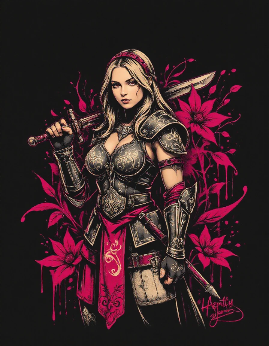 a beautiful woman dressed as a Warrior Cleric , Ruby theme, Beige outline, black background, graffiti, 2d, flat color,  <lora:Blacklight Graffiti Style Flux_epoch_25:1>