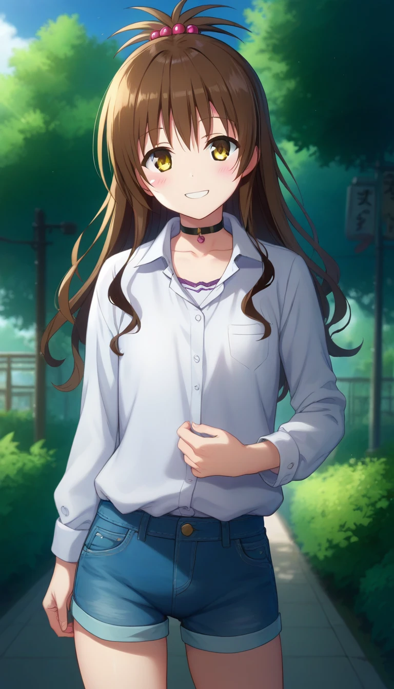 score_9,score_8_up,score_7_up,score_6_up BREAK official art,solo,outdoors,cowboy shot,looking at viewer,facing viewer,smile,blush,Yuki Mikan,long hair,brown hair,hair ornament,hair bobbles,sidelocks,bangs,yellow eyes,collarbone,choker,white shirt,collared shirt,long sleeves,flat chest,denim shorts,short shorts,white socks,loafers,<lora:Yuki Mikan(tlr)-Pony:1.6>,