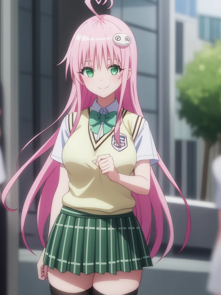 laladevilluke, lala deviluke, long hair, pink hair, tail, ahoge, bangs, hair ornament, (green eyes:1.5), smile, (showing panties,:1.5), BREAK demon tail, green skirt, plaid, plaid skirt, sainan high , , skirt, sweater vest, thighhighs, (yellow sweater:1.5), short sleeves, bow, (green bow:1.5) BREAK indoors, classroom, BREAK looking at viewer, (cowboy shot:1.5), BREAK (masterpiece:1.2), best quality, high resolution, unity 8k wallpaper, (illustration:0.8), (beautiful detailed eyes:1.6), extremely detailed face, perfect lighting, extremely detailed CG, (perfect hands, perfect anatomy),