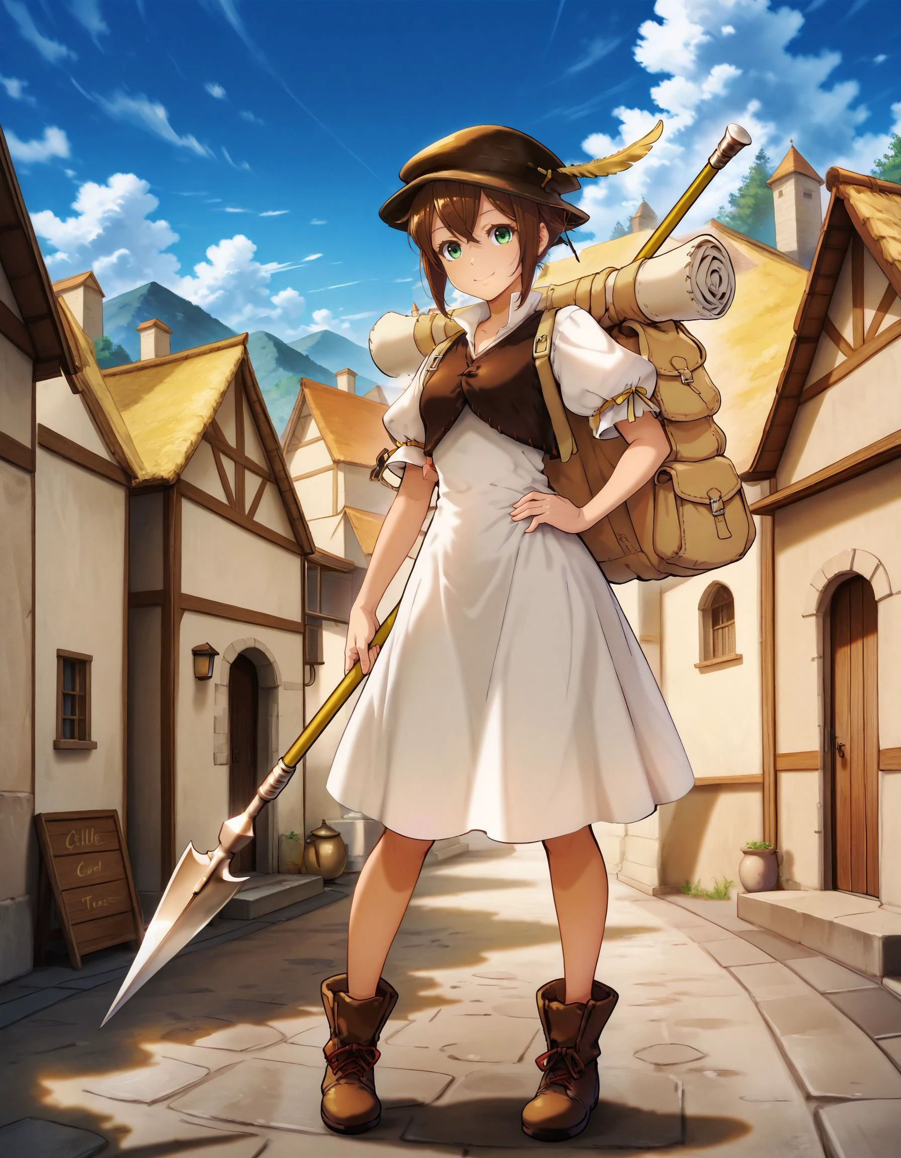 masterpiece,best_quality,1girl,solo,<lora:tressa colzione_illustriousXL:0.8>,tressa colzione,hat,hat feather,backpack,vest,dress,boots,full body,standing,smile,looking at viewer,village,blue sky,holding spear