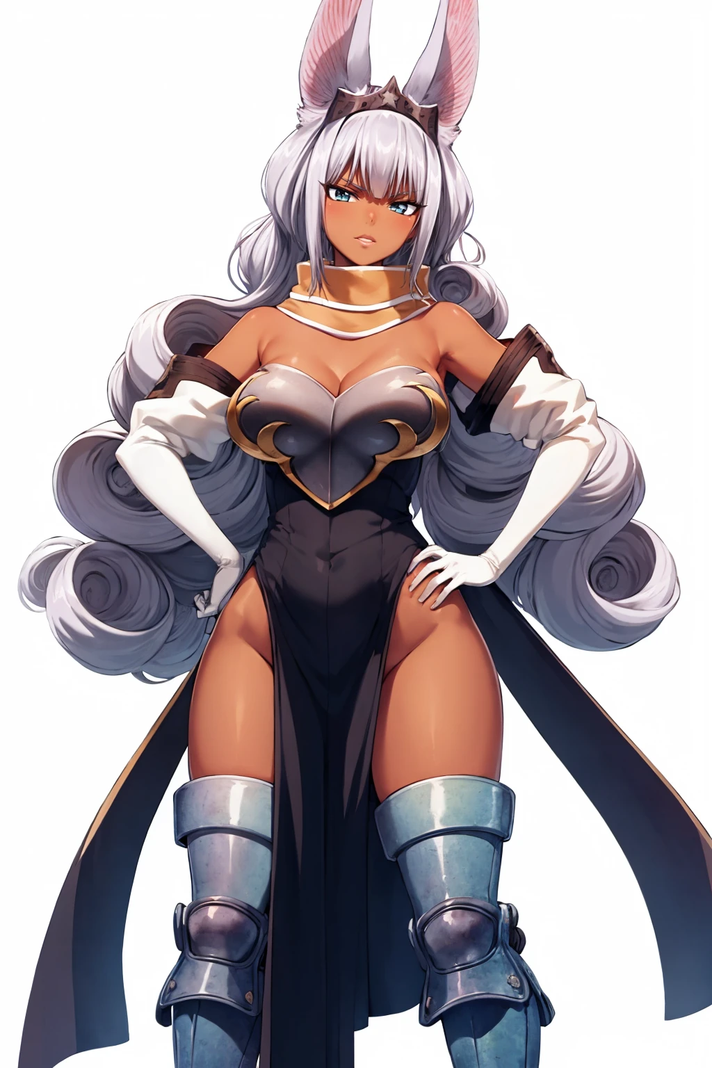 masterpiece, best quality,
1girl, ftdgswa, grey hair,  long hair, curly hair, blue eyes, dark skin,
bat ears,
scarf, armor, bare shoulders, cleavage, elbow gloves, no panties, pelvic curtain, thighhighs, barefoot,
hands on hips, full body, solo, looking at viewer, simple background, white background      <lora:Swan_byKonan:1>