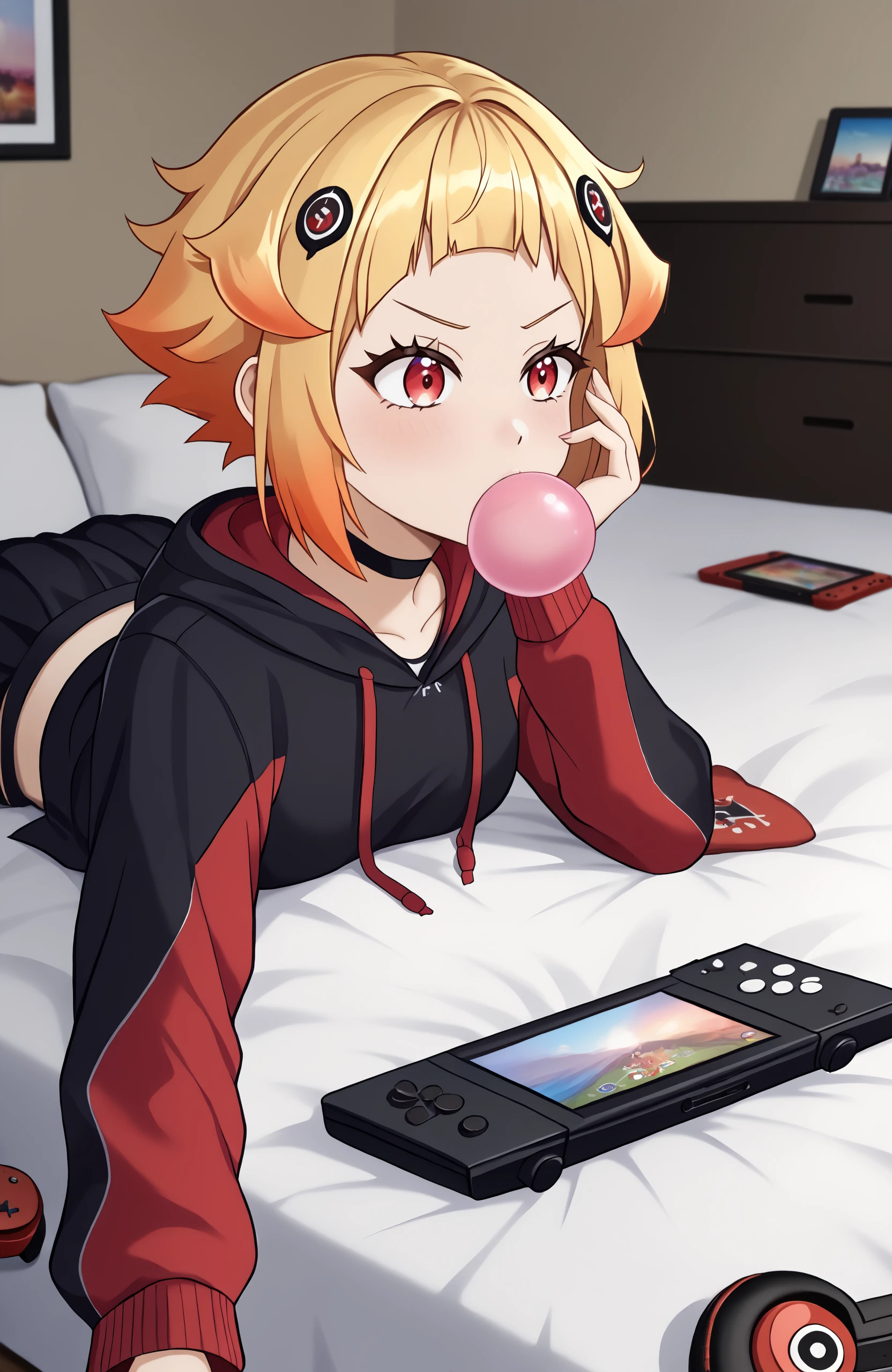 masterpiece, best quality, good quality, newest,, CEL, red eyes, blonde hair, gradient hair, orange hair, short hair, sidelocks, hoodie, on stomach, red jacket, black jacket, black skirt, fishnets, playing games, handheld game console, on bed, bedroom, messy blanket, chewing gum, hair ornament, <lora:Capella-ReZero-Pony-V1:1>