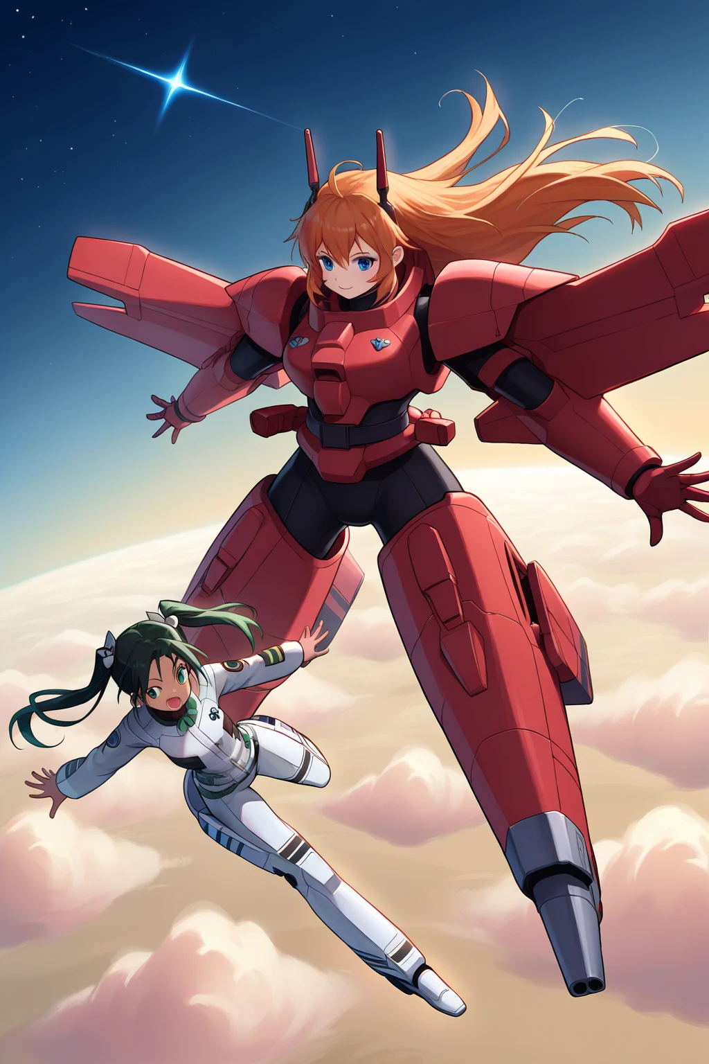 score_9, score_8_up, score_7_up, source_anime, 2girls, shirley, lucchini, battlesuit, mecha, space, multiple girls, flying, floating