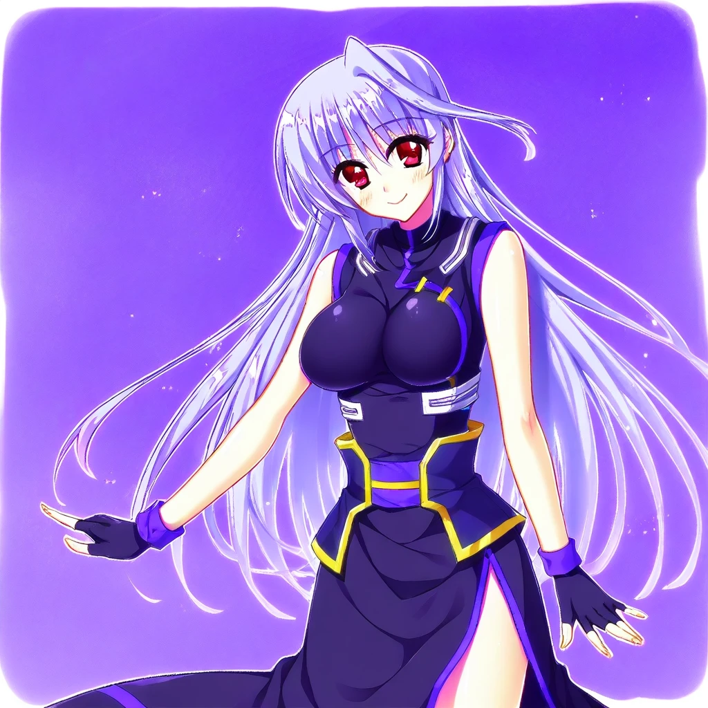 masterpiece, best quality, 1girl, solo, Reinforce, long hair, white hair, single hair intake, red eye, long dress, black dress with purple trim, side slit, black gloves with purple trim, fingerless gloves, black corset with gold trim, sleeveless dress, bare shoulders, standing, smiling, endori face