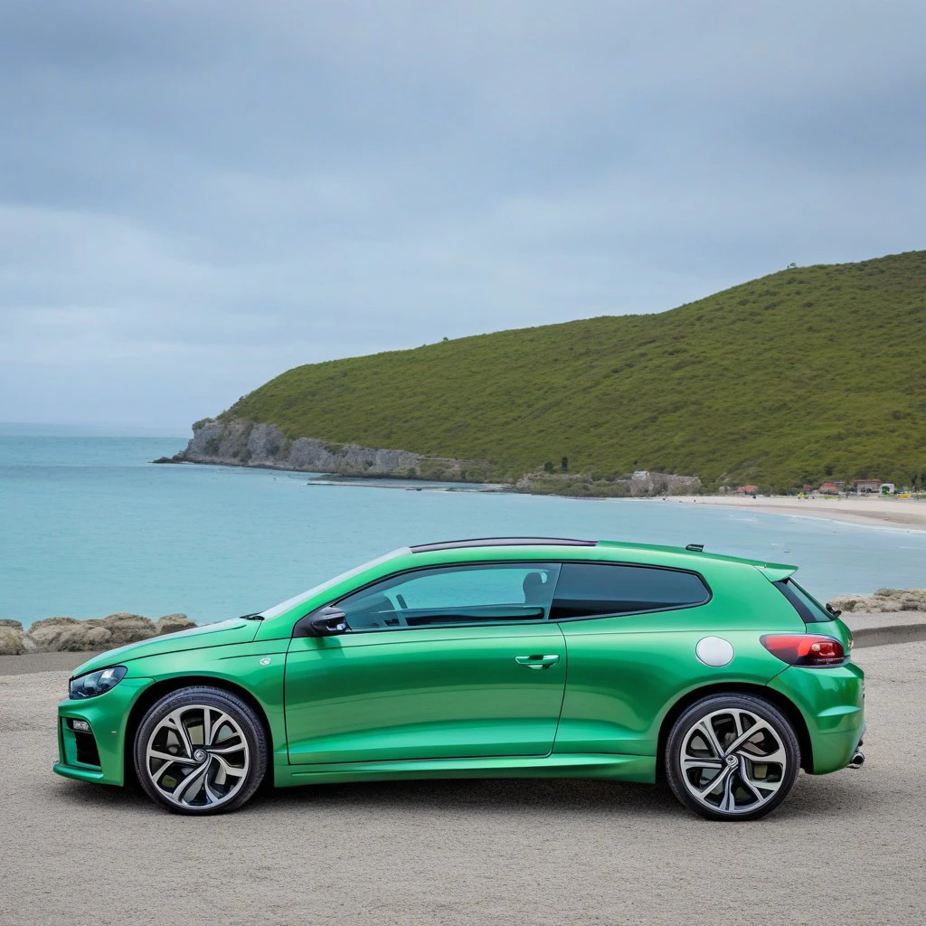 Scirocco, rear side view, parked near the beach, scirocco is front and centre, green car, very fast looking, people think it is amazing