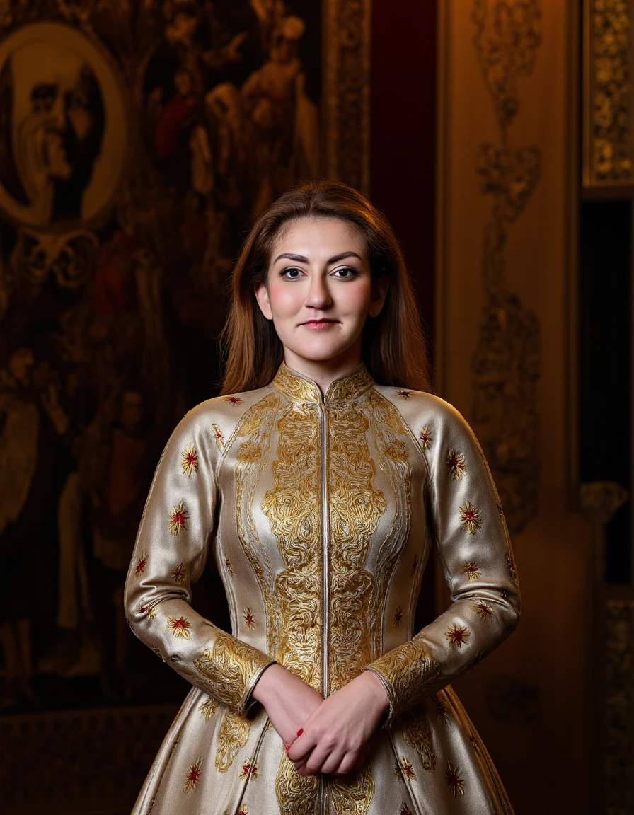 Dilan Yesilgoz <lora:Dilan Yesilgoz:1.8>,
This Renaissance-inspired portrait features Dilan in an ornate, high-necked dress with intricate gold and pearl details, reminiscent of classic royal paintings. Her hair is styled in a soft, elegant updo, and her hands are gracefully folded in front of her. The background is a dimly lit room adorned with heavy, rich tapestries, evoking a sense of historic prestige and timeless elegance.
The Netherlandsâââ