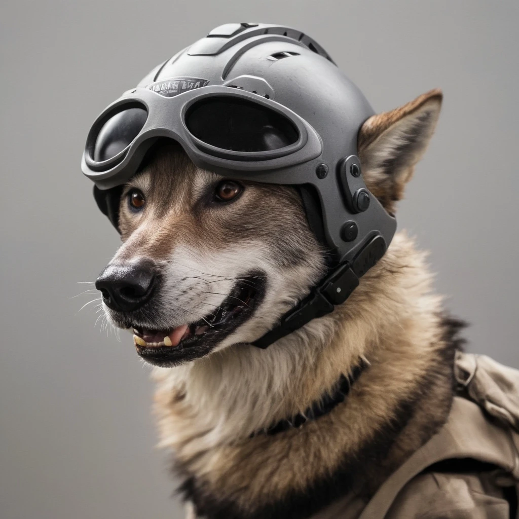 (wolf:1) wearing a helmet,  <lora:K9-muzzle:1>,