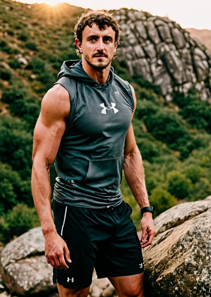 photo of Paul Mescal a man <lora:Paul-Mescal:0.9>, wearing a sleeveless well-fitted under armour hoodie and compression shorts, standing on a boulder, outdoor trail, 35mm photograph, film, bokeh, professional, 4k, highly detailed, creek in the background, natural lighting, golden hour