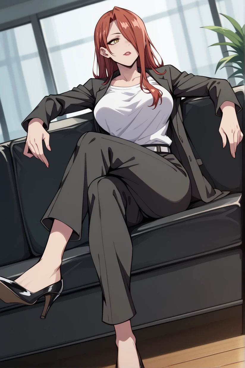 <lora:NikoHirata-09:1> NikoHirata, hair over one eye, long hair, red hair, yellow eyes, large breasts, lipstick, parted lips, white shirt, solo, suit, black jacket, pant suit, sitting, crossed legs, full body, couch, black footwear, high heels, from below, dutch angle, 16k, masterpiece, absurdes, highly detailed, highres, high quality, best quality, score_9, score_8_up, score_7_up, score_6_up