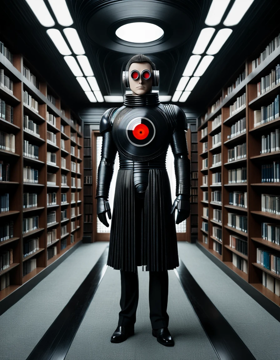 ral-vynlrcrdz, dressed up as HAL 9000 character, noir Scarf, from inside of a Library, at Midday, Panorama, award winning, Movie concept art, <lora:ral-vynlrcrdz:1>, contemporary, original, luxurious, perfect symmetry, cinematic perfect intricate stunning fine detail, very coherent