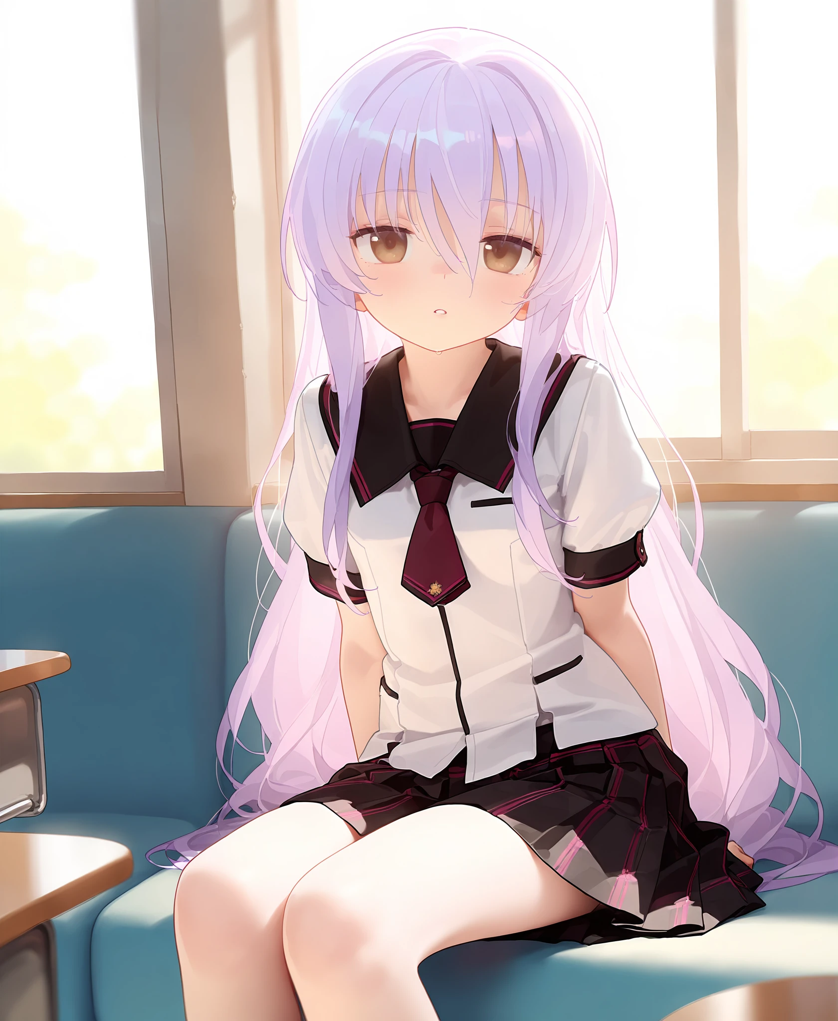 <lora:nyalia:0.7>,nyalia,(artist:tianliang duohe fangdongye:0.7),masterpiece,best quality,absurdres,very aesthetic,solo,1girl,lilac_hair,hair between eyes,very_long_hair,brown eyes,frontlight,school_uniform,black_socksr,sitting,<lora:Mayuki_NoobAI:0.9>,