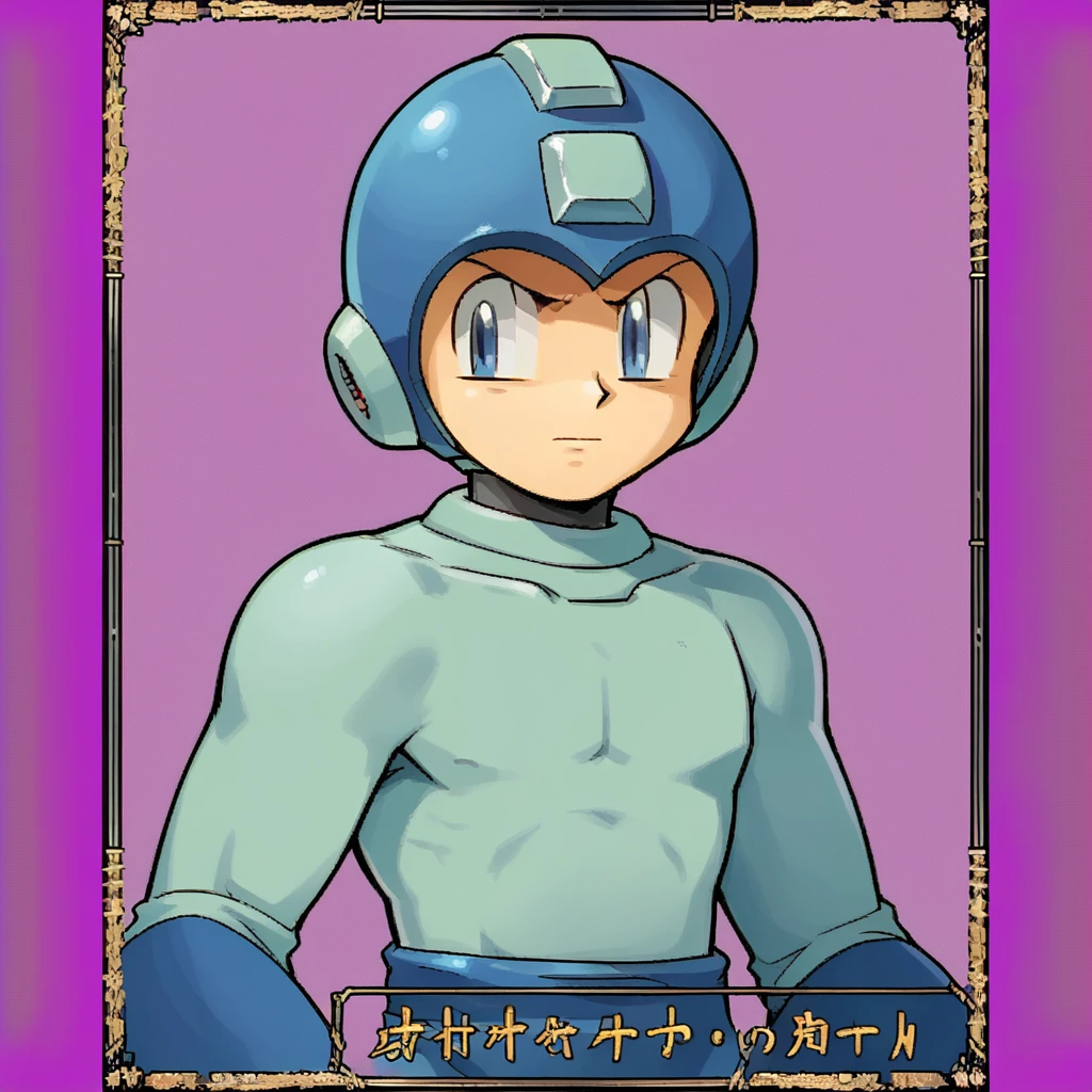 score_9, score_8_up, score_7_up, source_anime, absurdres, highres, standing, 1boy, solo, upper body, <lora:PDXL_OGMegaman-000015:1.0> mega man \(character\), helmet, blue bodysuit, closed mouth, standing, <lora:KichikuouRncPortraitStyle_Pony-LITE:0.8> KichikuouRncStyle, purple background, simple background, card (medium), retro artstyle